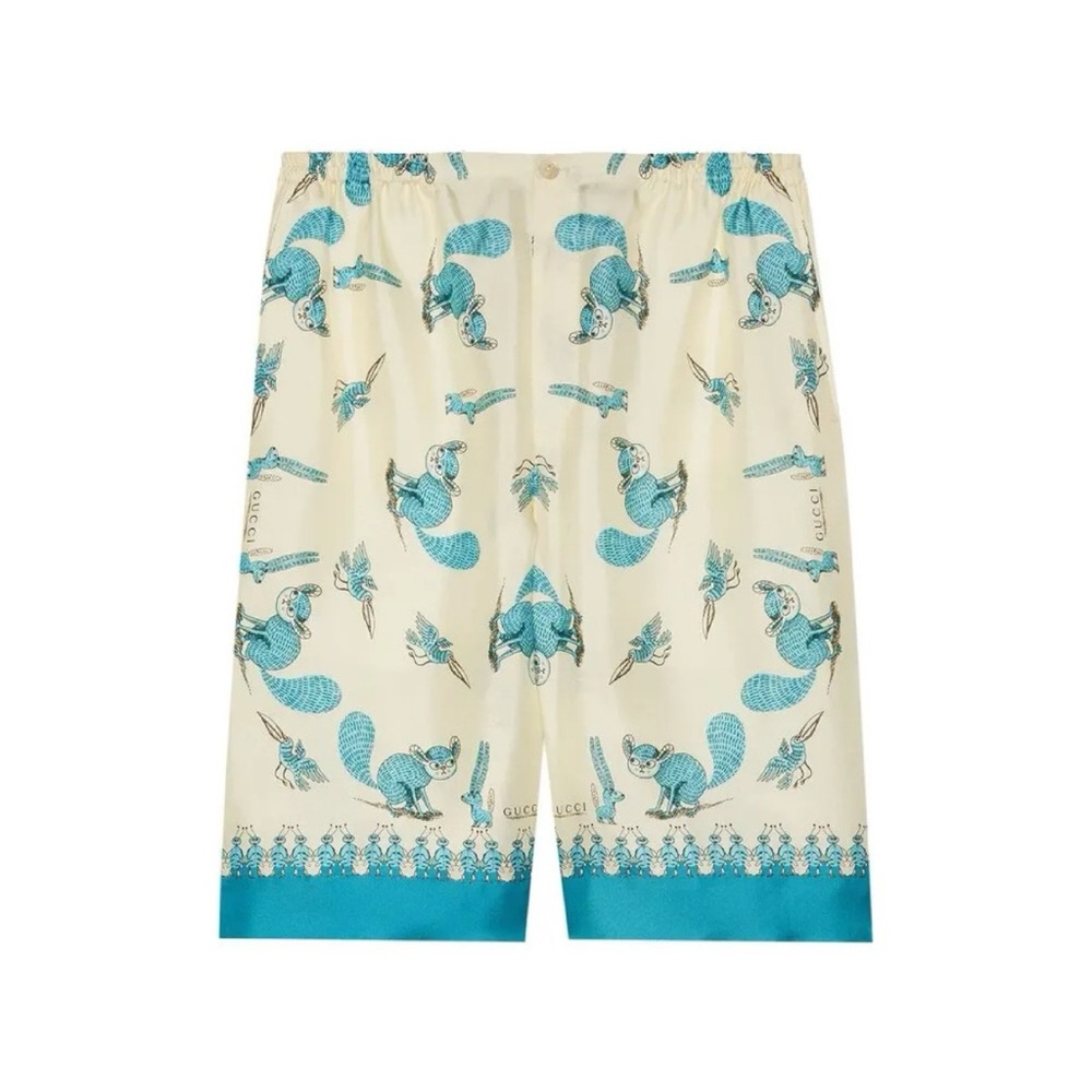 Gucci x Freya Hartas Printed Silk Twill Shorts (Sz IT 48 / M) Ivory Turquoise
